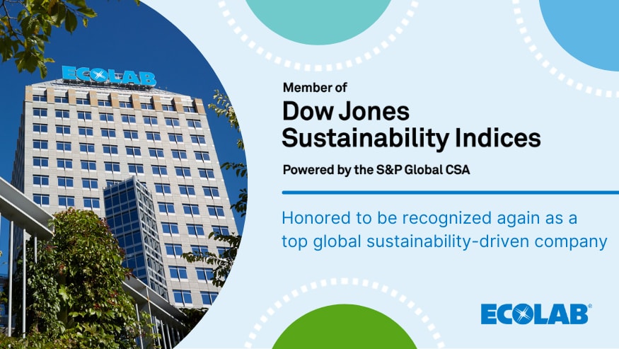 Graphic with Ecolab's St. Paul headquarters pictured and text that reads "Member of Dow Jones Sustainability Indices Powered by the S&P Global CSA. Honored to be recognized again as a top global sustainability-driven company."